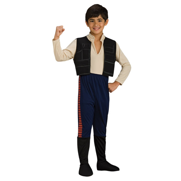 Han Solo Deluxe Costume - Child, jumpsuit with mock vest, attached boot tops. printed stipe down pants.