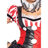 Harlequin Clown - Hire, dress with red and black mid section, pom poms and red and white stripe bust and sleeves.