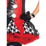 Harlequin Clown - Hire, dress with black and white diamond print skirt wil red and black overlays.