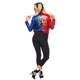 harley quinn suicide squad costume kit, ladies two tone jacket with attached shirt front, digital print.