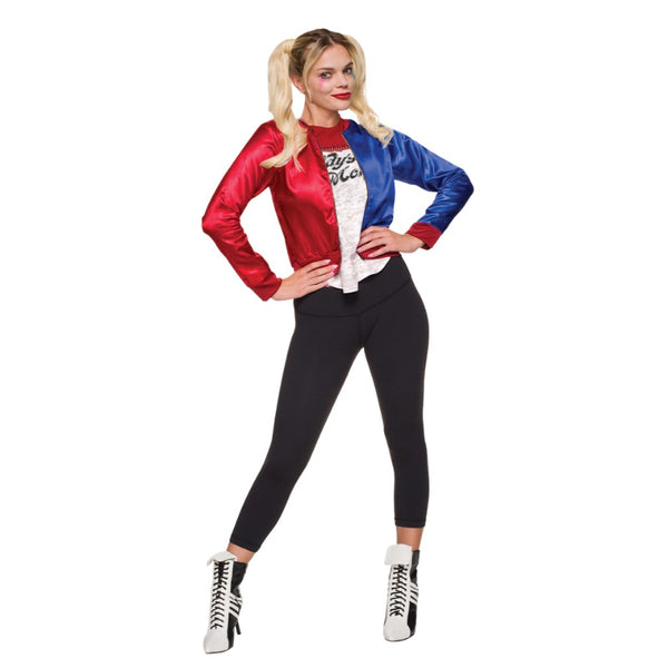 harley quin suicide squad costume kit, two tone jacket with digital print on back and front, attached t-shirt. ladies size.