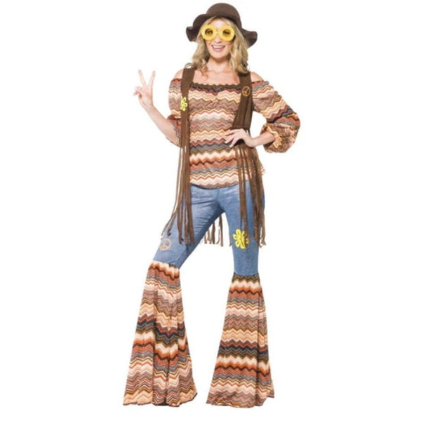 Harmony hippie costume ladies, flared pants with peace and flower sign, off the shoulder top and brown vest with long tassels.