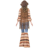 Harmony hippie costume ladies, flared pants with peace and flower sign, off the shoulder top and brown vest with long tassels.