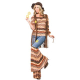 Harmony hippie costume ladies, flared pants with peace and flower sign, off the shoulder top and brown vest with long tassels.