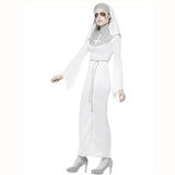 Haunted Asylum Nun Costume, long white figure hugging dress with split to knee.