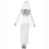 Haunted Asylum Nun Costume, long white dress with headdress.
