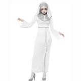 Haunted Asylum Nun Costume, long white dress with knee length split and grey collar and headdress.