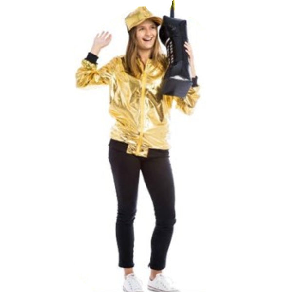 Hip hop girl costume for adults, gold metallic zip up jacket and matching cap.