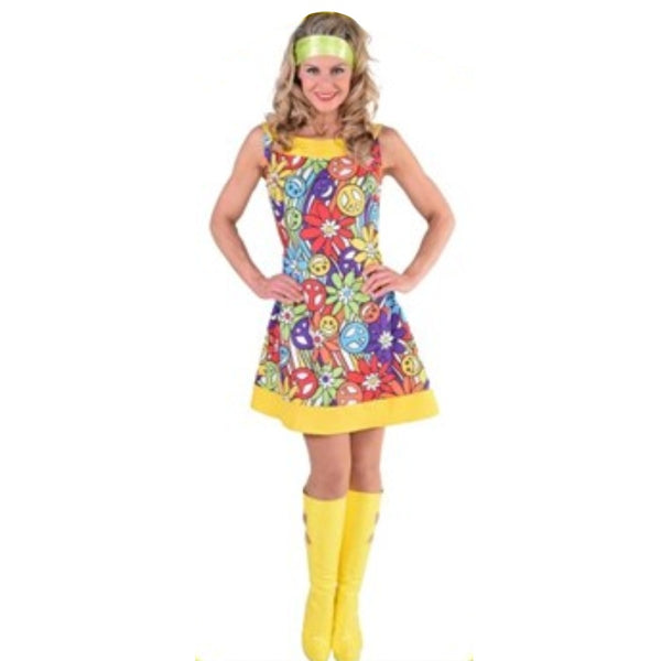 Hippie Adult Dress - Fun Kiwi, flower power print shirt dress with feature yellow neckline and hemline.
