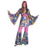 Hippie Girl Costume - Dr Toms, colourful floral long top with bell sleeves, pink flares with floral flare. Top is princess line.