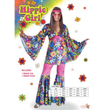 Hippie Girl Costume - Dr Toms, colourful floral long top with bell sleeves, pink flares with floral flare.
