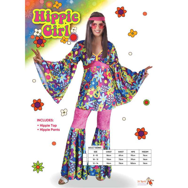 Hippie Girl Costume - Dr Toms, colourful floral long top with bell sleeves, pink flares with floral flare.
