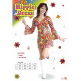 Hippie Women's Dress - Dr Toms, short dress with trumpet sleeves in a bold floral/swirl print, dress and headband.