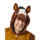 Horse furry onesie costume with attached hood with 3d horse features including mane.