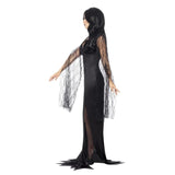 Immortal Soul Costume, floor length figure hugging black dress, v neckline with long lace sleeves, long slit up the side of the dress.