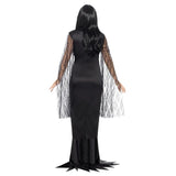 Immortal Soul Costume, floor length figure hugging black dress, v neckline with long lace sleeves.