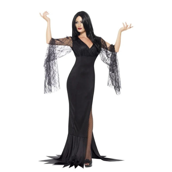 Immortal Soul Costume, floor length figure hugging black dress, v neckline with long lace sleeves.
