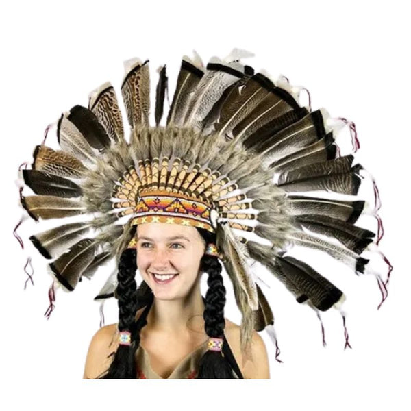 Indian Turkey Headdress, leather cap with attached feathers, adult size.