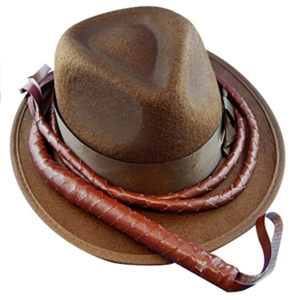 Indiana Hat with Whip, brown adult fedora style hat with long brown plaited whip.