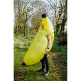 Inflatable Banana Costume coves head and comes to hips with bend in costume.