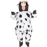 Inflatable Cow Adult Costume, covers head to toe, white with black spots, face is showing in cow head.