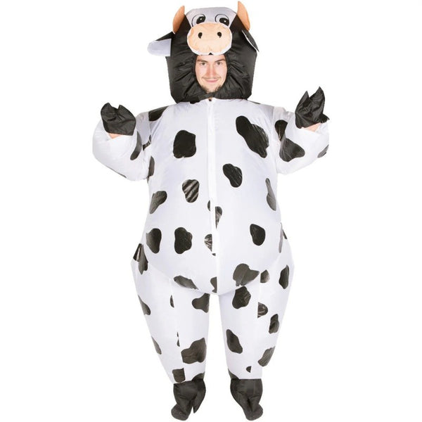 Inflatable Cow Adult Costume, covers head to toe, white with black spots, face is showing in cow head.