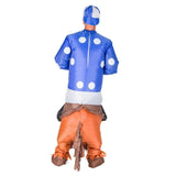 Inflatable jockey costume, blue and white spot shirt and hat.