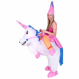 Inflatable unicorn adult costume, ride on style with matching pink hat.