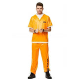 Inmate Prisoner Mens Costume, two piece short sleeve top and pants with numbers printed on front and back.