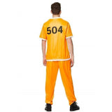 Inmate Prisoner Mens Costume, two piece short sleeve top and pants with numbers printed on front and back.