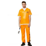 Inmate Prisoner Mens Costume, two piece short sleeve top and pants with numbers printed on front and back.