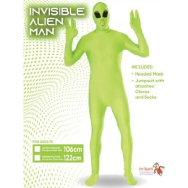 Invisible Alien Mens Suit, jumpsuit with attached gloves and socks. Hooded Mask.