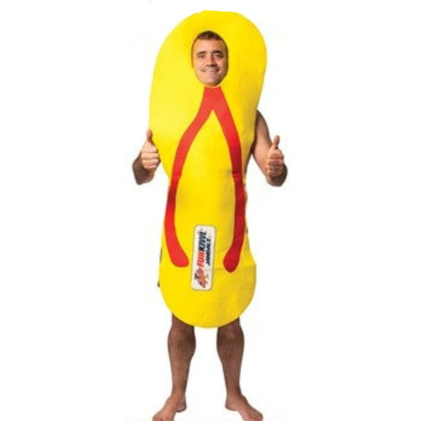 Jandal/Sandal Novelty Costume, in yellow with red printed straps, hole for face in tunic.