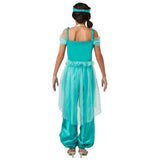 Jasmine Deluxe Costume - Adult, green harem pants with purple floral print and sheer peplum, sleeveless top, headdress and gold necklace.