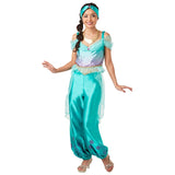 Jasmine Deluxe Costume - Adult, green harem pants with purple floral print and sheer peplum, sleeveless top, headdress and gold necklace.