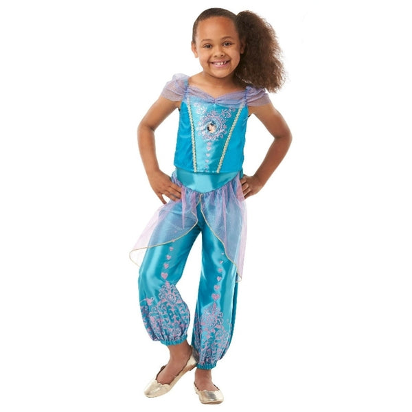 jasmine gem princess costume child, glitter print on brocade trim, and tulle off the shoulder detail.