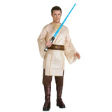 jedi knight costume for adults, cream tunic, brown pants with digitally printed belt.