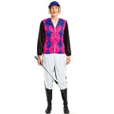 Jockey girl costume has white pants with a black stripe, pink and purple diamond print chest and black sleeves, plus cap.