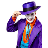 Joker deluxe costume adult, purple long jacket, blue satin vest, orange shirt, puple bowler hat.