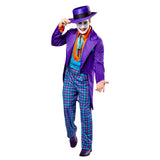 Joker Deluxe Costume - Adult, blue and purple check pants, long purple jacket, vest, shirt and tie, bowler hat in purple.