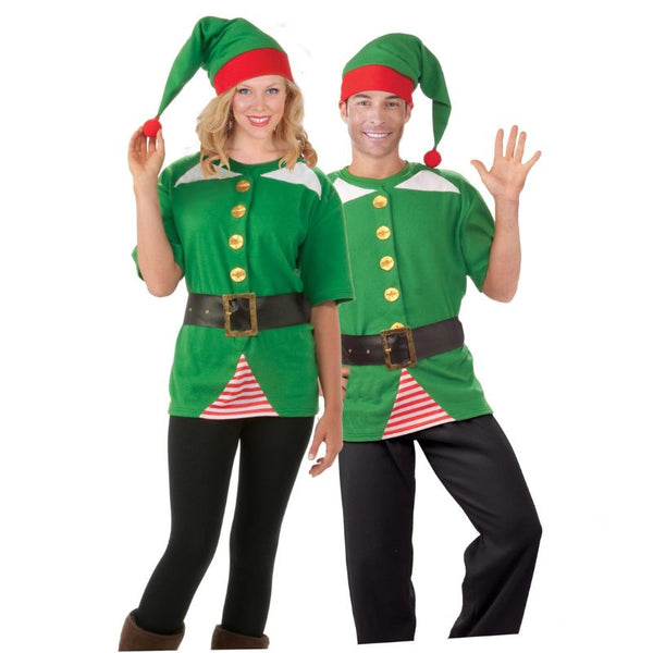 Jolly Elf Shirt-Adult, green t-shirt with stripe accents. includes shirt, hat and belt, unisex.