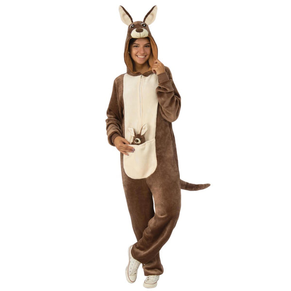 Kangaroo Furry Onesie Adult Costume, onesie with hood, face on top of hood, pouch with little kangaroo, includes tail.