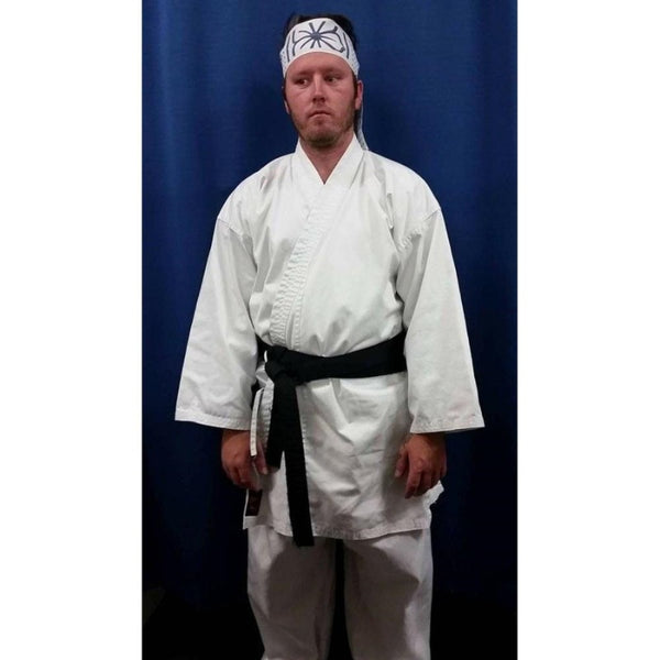 Karate Costume - Hire, white wrap around top, pants, black belt and head scarf.