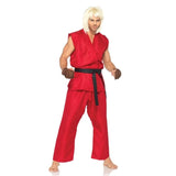 Ken street fighter hire, red wrap around tunic, pants, black belt, brown gloves and blonde wig.