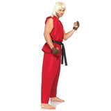 Ken street fighter hire, red wrap around tunic, pants, black belt, brown gloves and blonde wig.