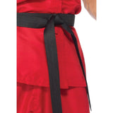 Ken street fighter hire, red wrap around tunic, pants, black belt, brown gloves and blonde wig.. Long black belt.