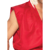 Ken street fighter hire, red wrap around tunic, pants, black belt, brown gloves and blonde wig. Top is sleeveless.