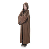 Kids Brown Hooded Robe, ankle length with hood and trumpet sleeves.