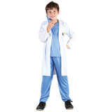 Kids doctor costume includes blue scrubs and white labe coat with mask.