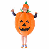 Kids Inflatable Pumpkin Costume, round with face print, stalks and fun hat.